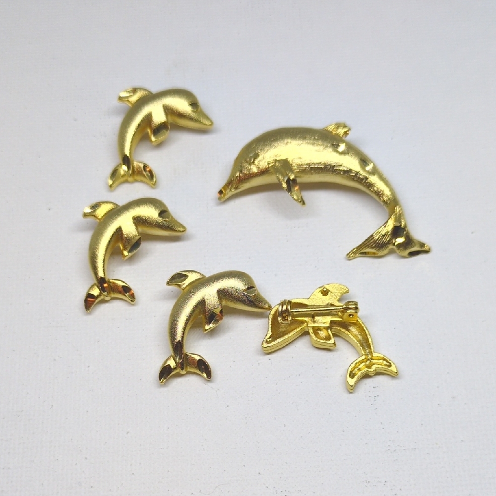 Gold Dolphin Brooch and Pin Set